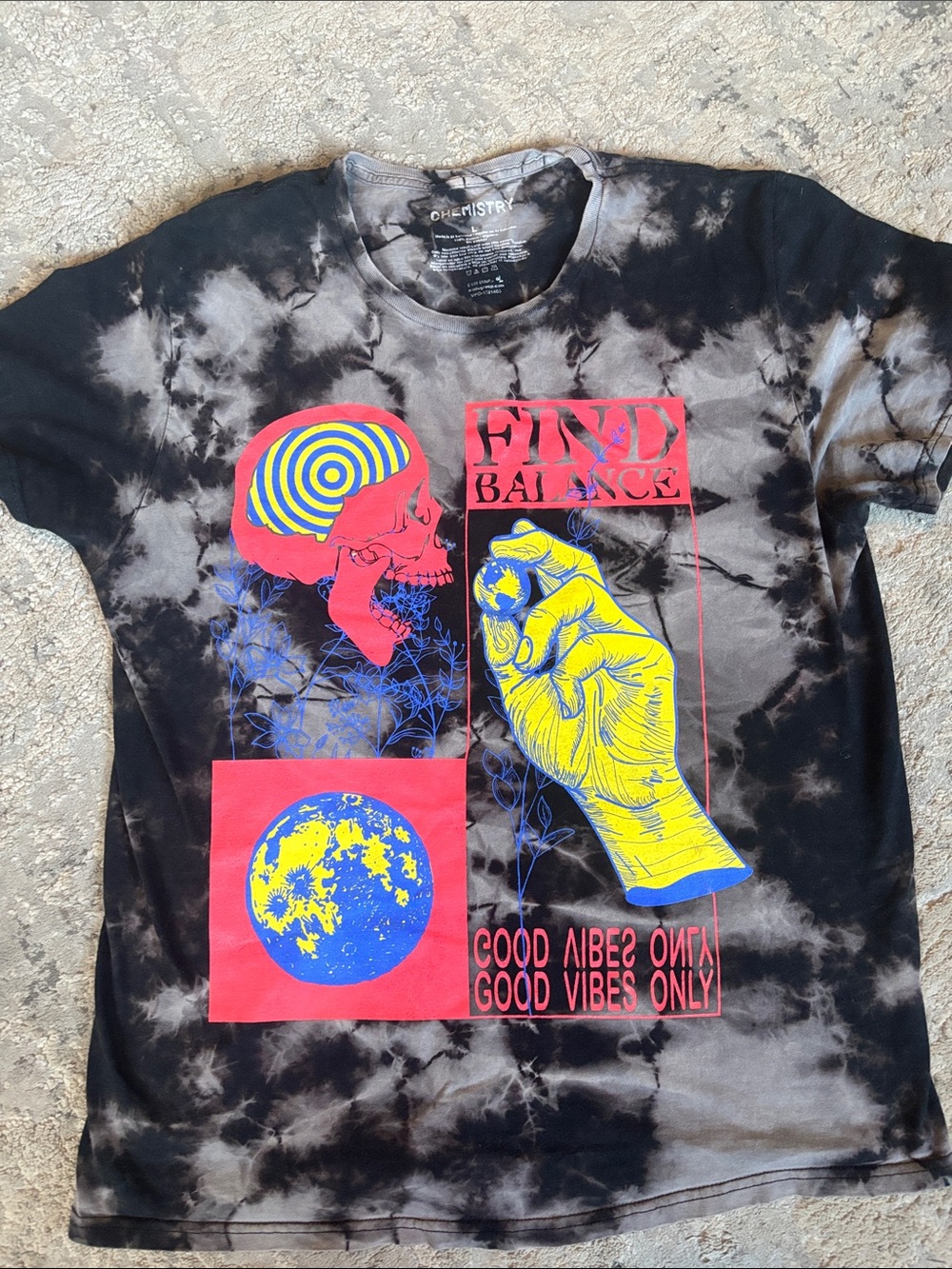 Chemistry Black Tie-Dye Tee with Neon Pink, Yellow & Blue Graphics